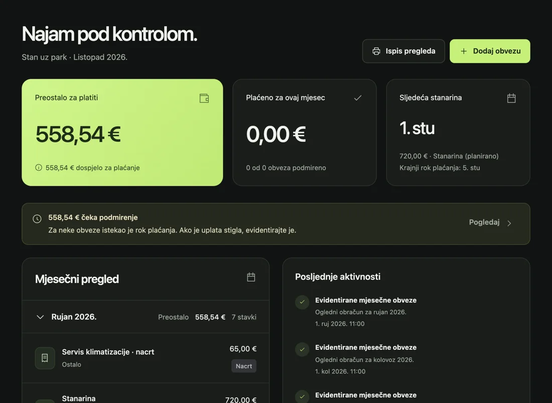 Pregled najma u aplikaciji: preostalo za platiti, plaćeno ovaj mjesec i sljedeća stanarina 720,00 € s rokom 5. studenoga.